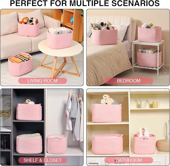 Pink Storage Baskets for Organizing Shelves, Woven Cotton Rope Baskets for Storage, Toy Basket for Kids, Cute Basket for Shelves Closet, 14.8"×11"×9.5", Pack of 3, Light Pink - Image 5