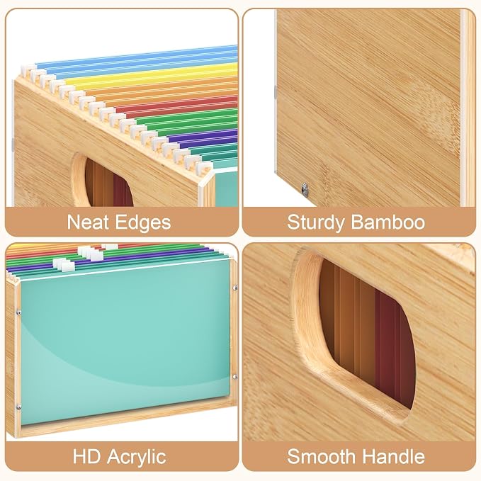 Sbanmao Letter/Legal Bamboo Acrylic File Box Organizer, Hanging File Folder Storage Boxes, Decorative Document Crate Transparent Filing Bin with Handle for Home Office Desk - Image 7
