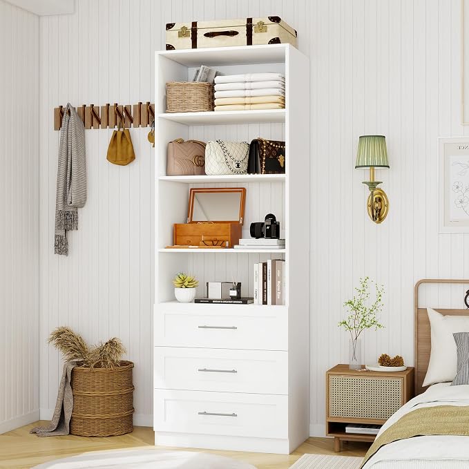 Closet System with 3 Drawers & 4 Shelves, Wood Closet Organizer System with 1 Extra Hanging Rod for Walk in Closet, Modular Closet Organizer System White(2FT) - Image 8