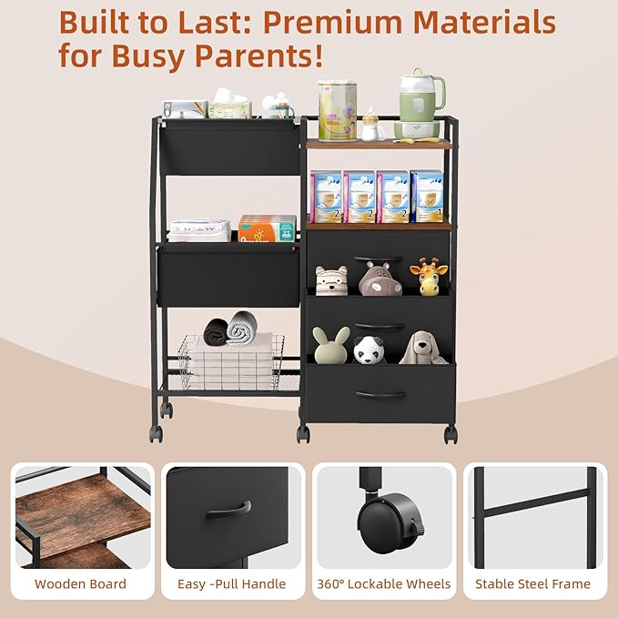 Somdot Baby Diaper Caddy Organizer, 3-Tier Rolling Cart with Drawers | Large-Capacity Metal Nursery Organizer with Removable Dividers, Black Rustic Brown - Image 5