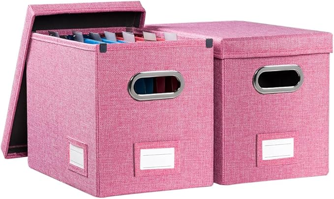 File Organizer Box - Set of 2 Collapsible Decorative Linen Filing Storage Hanging File Folders with Lids Office Cabinet Letter Size Pink (14x9.3x10.8 inch) by Prandom