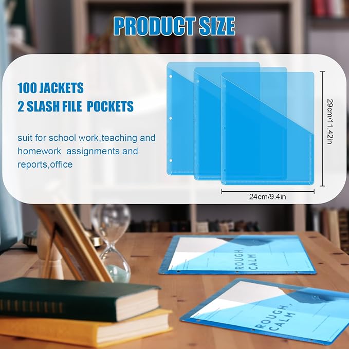 Seajan 100 Pcs Binder Pocket Folders, Clear 3 Ring Binder, Blue | Plastic Folders Sleeves with 2 Pockets, Poly Slash File Jackets, 3 Hole Punched Dividers for School, Office, Documents - Image 3