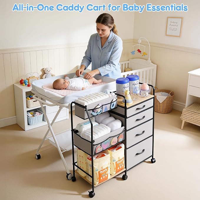 Baby Diaper Caddy Organizer Cart - 4 Tier Rolling Diaper Cart with Wheels, Baby Essentials Organizers and Storage, Mobile Utility Carts for Bedside, Crib Nursury, Bedroom, Changing Table - Image 2