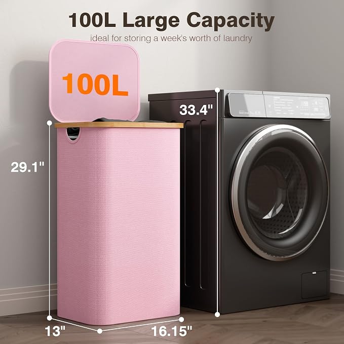 Laundry Hamper with Lid, Laundry Basket with Removable Bag, Pink | 100L Large Dirty Clothes Hamper with Handle, Freestanding Bamboo Laundry Hamper for Bedroom, Bathroom, Laundry Room - Image 2
