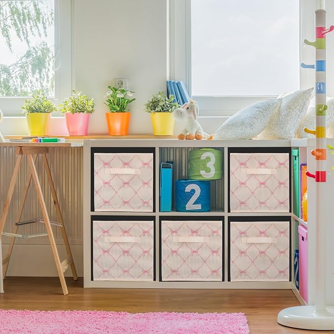 6 Pcs Beige Bow Cube Storage Bins 11 Inch Storage Basket with Handle, Preppy Girls Organizer Basket, Collapsible Fabric Box for Classroom Bedrooms Office Home Decoration Gift - Image 5