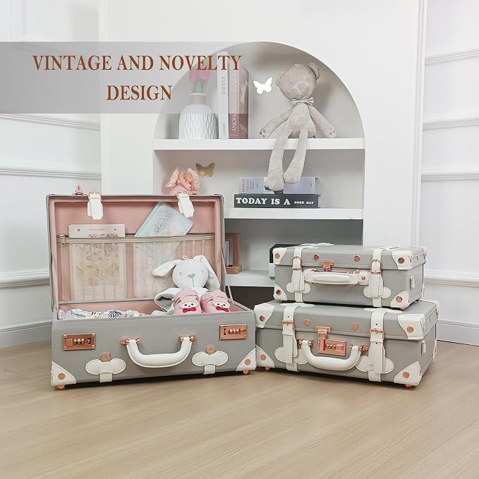 Unitravel Baby Keepsake Case, 16" Handmade Memory Storage Box, Newborn Keepsake Box, Vintage Suitcase for Baby Shower, Baptism, Naming Ceremony or Birthday (Grey) - Image 5