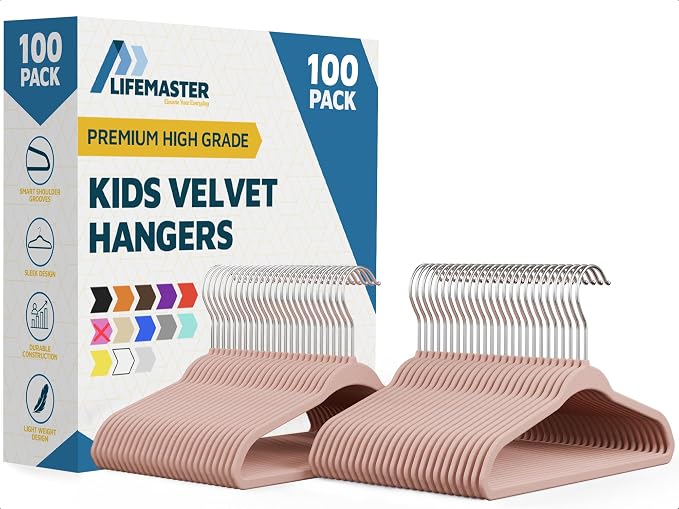 Pink Velvet Kids Hangers 100 Pack, 10.83" Non-Slip Baby & Toddler Hangers for Clothes, Space-Saving Slim ABS Plastic with 360° Swivel Hook & Notched Shoulders, Up to 10 lb Capacity by LIFEMASTER