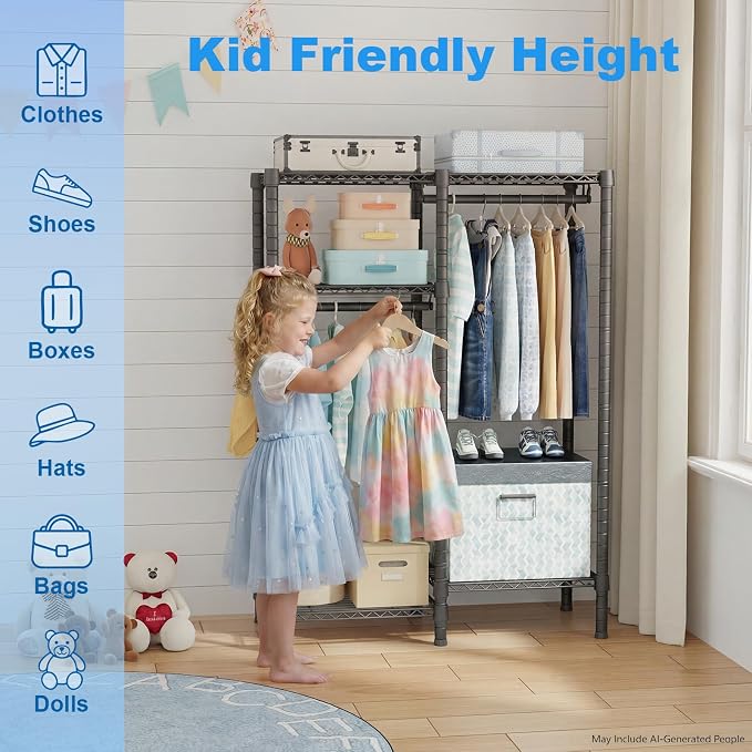F1 Garment Rack for Kids, Baby, Students, and Children's Room, 4 Tiers Freestanding and Portable Heavy Duty Closets, Small Metal Clothes Rack with 2 Hanging Rod, 31.2" W x 11.8" D x 48" H, Black | Small Clothing Racks with 2 Hanger Rods for Hanging Bab... - Image 6