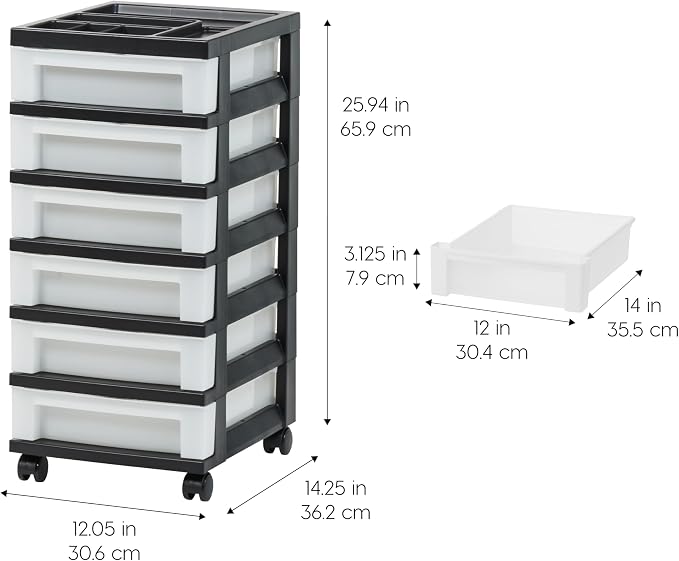 IRIS USA 6-Drawer Rolling Storage Cart with Organizer Top, Black/Pearl | Keep classroom supplies, teacher essentials, craft materials, and learning tools organized with easy-access drawers. - Image 3