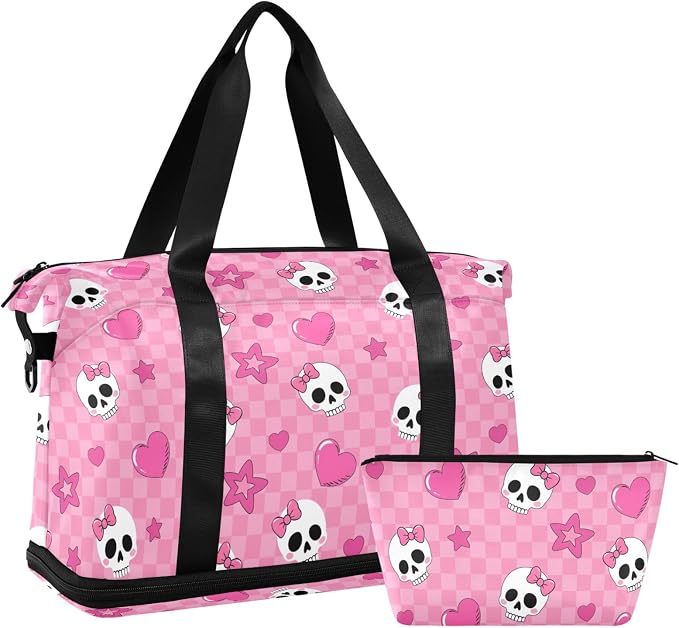 Travel Duffel Tote Bag Pink Skull Girl Sports Duffel Bag with Wet Pocket Weekender Overnight Bag for Women Men Gym Bag, Carry On Bag Hospital Bag for Labor and Delivery - Image 7