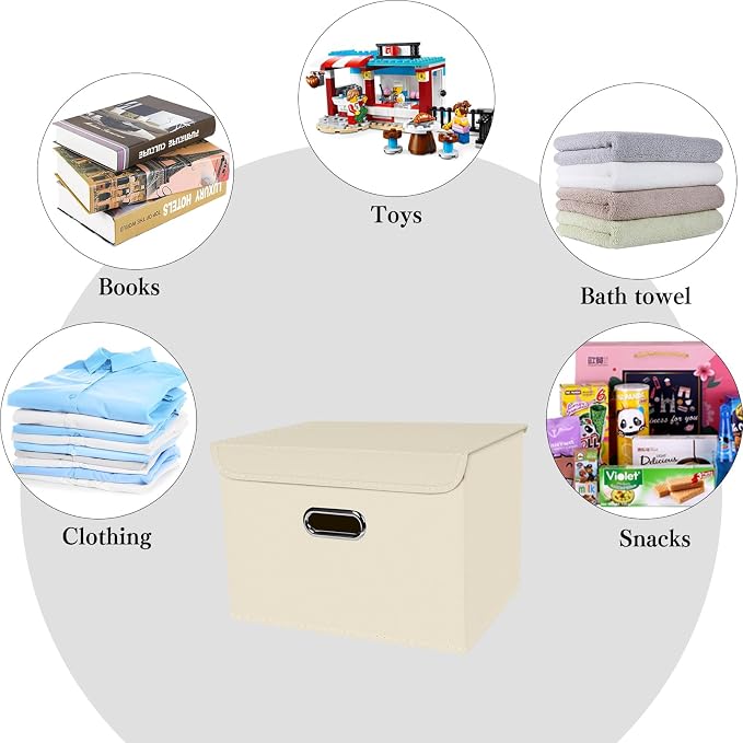 8-Pack Large Collapsible Storage Bins with Lids,Fabric Storage Cubes Organizer for Shelves,Closet,Nursery,Foldable Cube Storage Baskets with Handles,Home Boxes (14.9"x9.8",Creamy-White) - Image 3