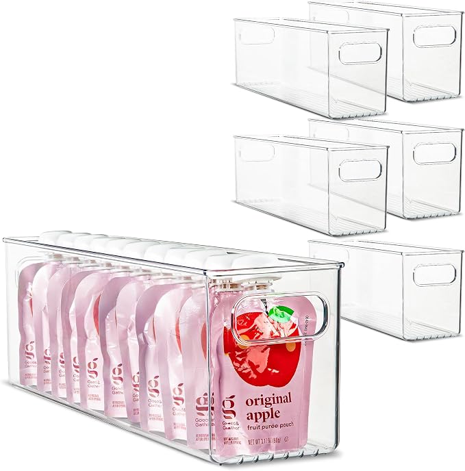 Plastic Food Storage 6 Pack Clear Container Bin with Handles for Organizing Kitchen, Pantry, Refrigerator, Freezer, Pantry, Cabinet, Closet, Bathroom. 14”x4”x5” by primebox