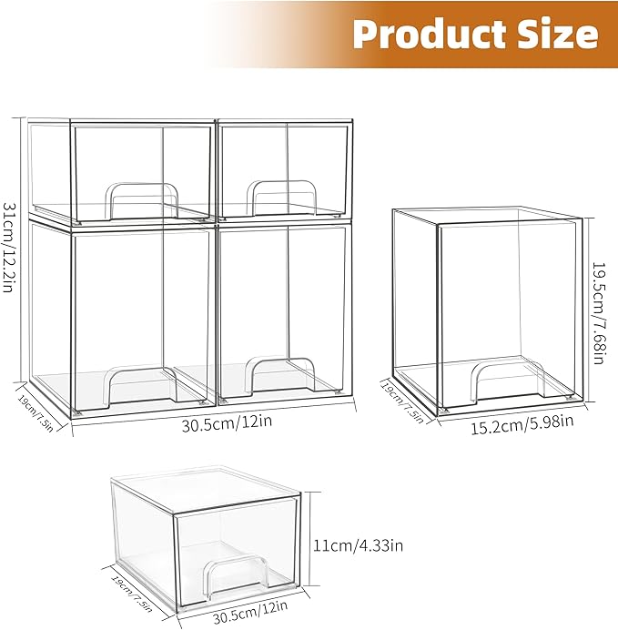 Baby Bottle Organizer, Stackable Storage Drawers with Label, Clear Station Organizers Container for Pacifiers, Pump Parts, Desk Organizer Bins for Bathroom, Cabinet, Pantry, Vanity, Countertop, 4 Pack - Image 3