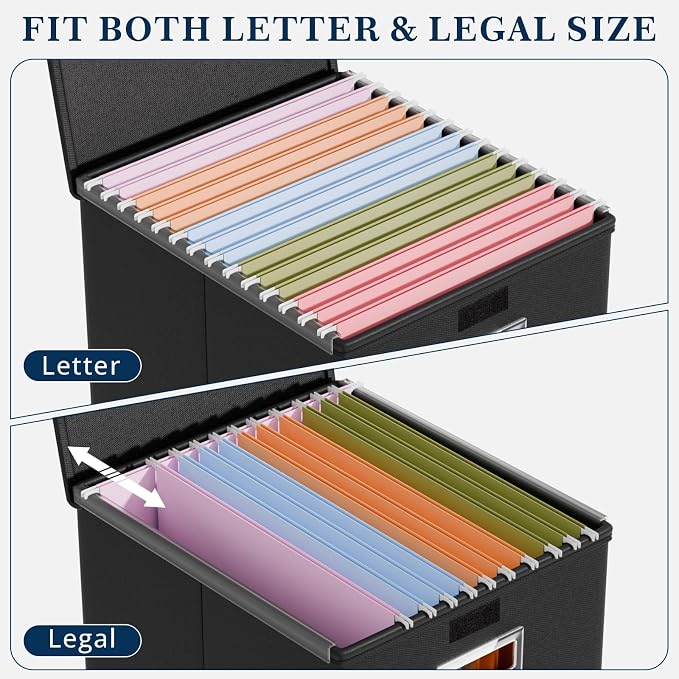 File Organizer Box with Lids, Collapsible File Folder Organizer | File Box with Plastic Slides for Office Document Storage, Filing Bin for Letter Size Hanging File Folders (1 Pack, Black) - Image 4