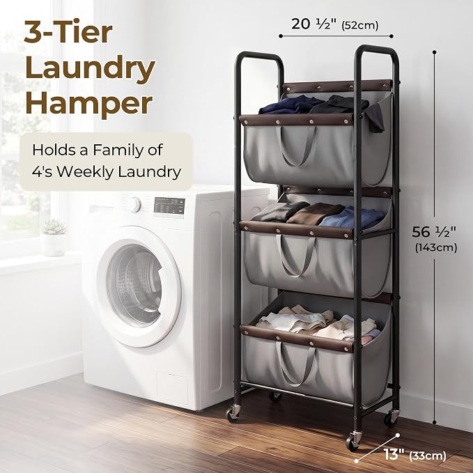 GRANNY SAYS 3 Tiered Laundry Sorter, Narrow Hamper Cart with Wheels | Sturdy 3 Section Laundry Basket with Wheels, Vertical Grey Hamper Cart for Bedroom, Bathroom, Apartment - Image 2