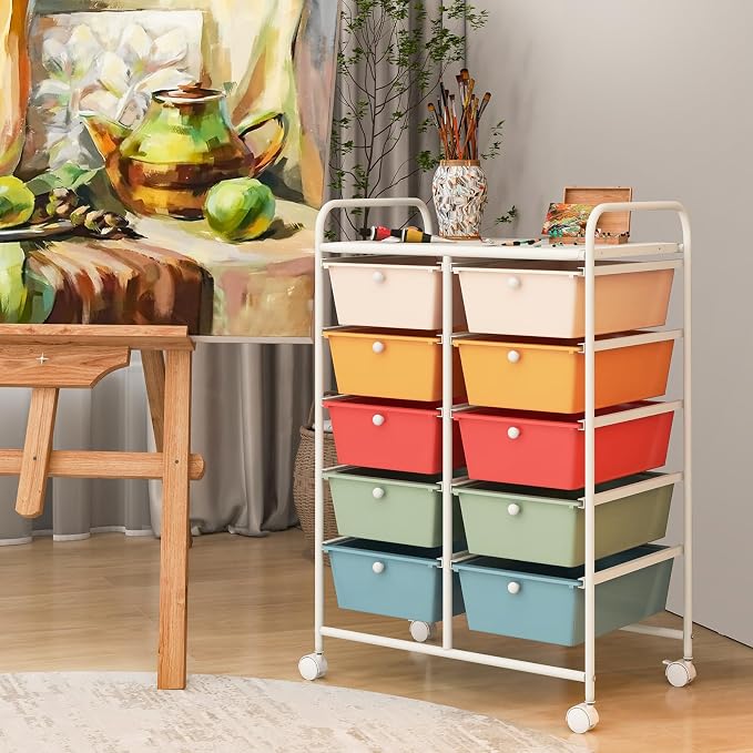 RELAX4LIFE Rolling Storage Cart with 10 Drawers - Craft Storage Cart with Lockable Wheels,Utility Cart, Art Cart Organizer for Crafting Storage, Studio, Office, Home, School Rolling Drawer Cart - Image 2