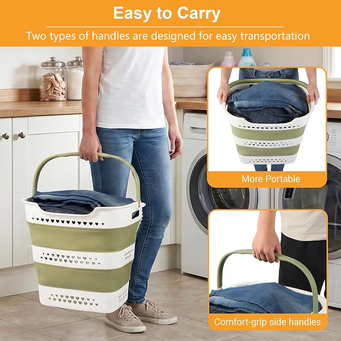 2 Pcs 42L/11.2 Gal Collapsible Laundry Basket - Foldable Plastic Pop Up Hamper with Handles, Space-Saving Storage Organizer for Wet & Dry Clothes, Ideal for Home, Dorm and Apartment Use Green - Image 4