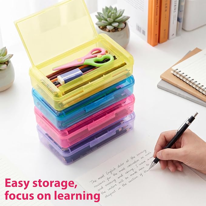 12 Pack Double Layer Large Pencil Box, Clear Plastic Hard Pencil Case with Snap Lid, School Supply Organizer Box for School Office Classroom Home Supplies(Classic Colors) - Image 7