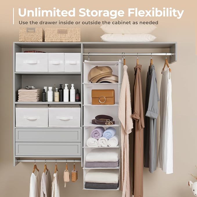 GRANNY SAYS Hanging Closet Organizer, 5 Drawers, 6 Shelves, 6 Pockets | Hanging Closet Organizer with 5 Different Drawer Designs, 6 Shelves & Reinforced Structure for Organized Small Space, Whites - Image 5