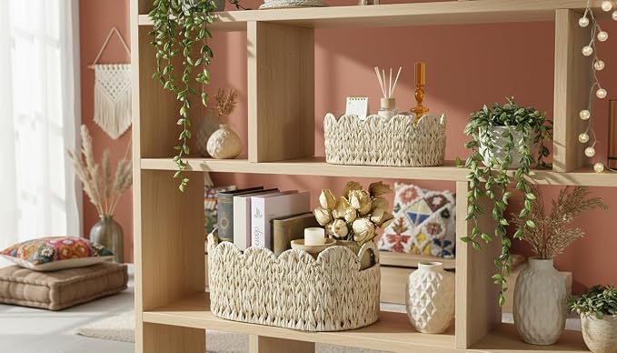 Coeusy Wicker Scalloped Basket Set of 2,Woven Storage Baskets for Shelves,Closet,Laundry,Gifts,Towels,Books,Toys,Waterproof Boho Decor Basket for Organizing - Image 8