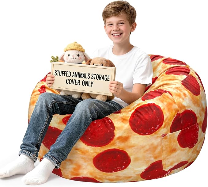 Lukeight Pizza Stuffed Animal Storage Bean Bag Chair Cover for Teens, Velvet Plush Toy Organizer Seat, Cover Only, No Filling Included, Long YKK Zipper, Side Pocket, XX-Large 36"D x 20"H by Lukeight