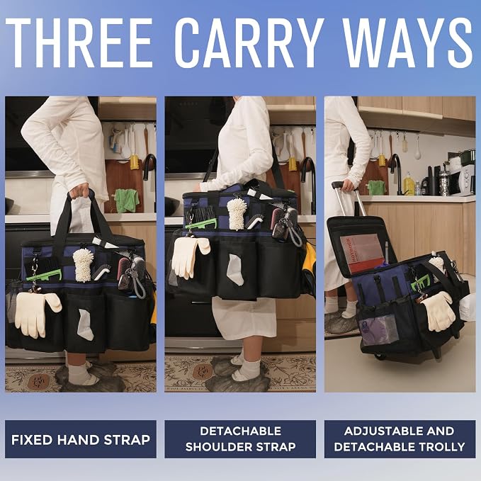 SCAVATA Rolling Cleaning Caddy Bag with Detachable Trolley, Large Cleaning Supplies Organizer with Wheels, Multi-Pocket Cleaning Cart with Adjustable Shoulder Strap for Housekeepers (NavyBlue) - Image 6