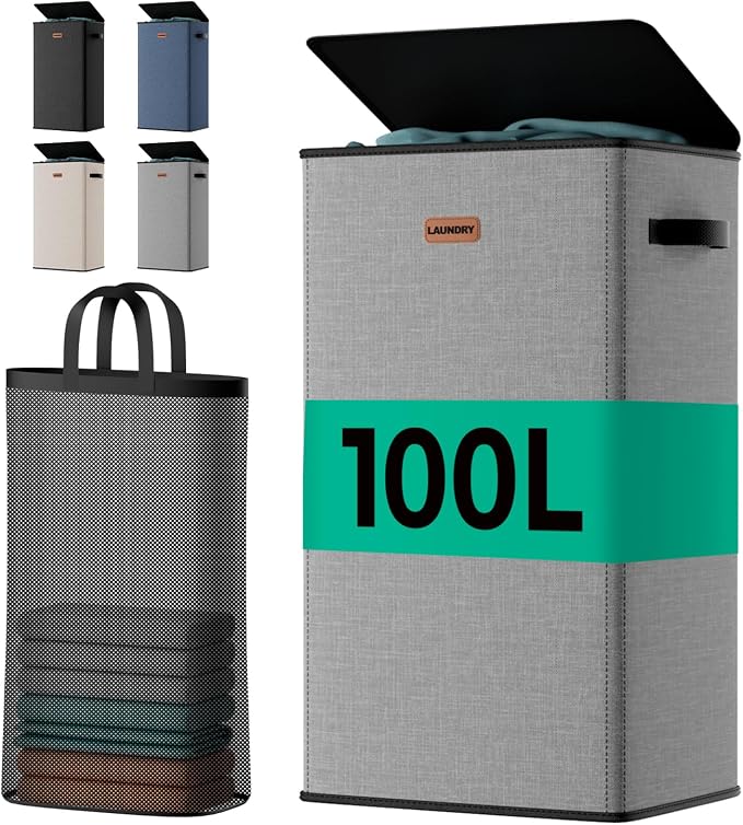 100L Laundry Hamper with Lid, Durable Laundry Basket Made of Cationic Fabric, Collapsible Large Clothes Hamper with Removable Bag for Home Dorm by MECINFUL