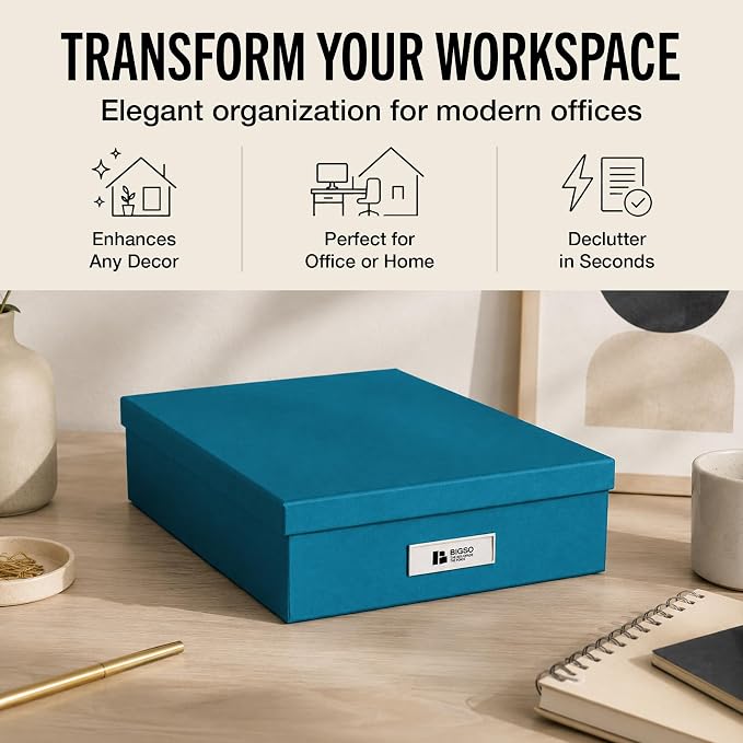 Bigso Oskar Fiberboard Label Frame Document Letter Box - File Organizer Box for Important Paperwork - Document Storage with a Lid & Label Window - 3.3 in x 10.2 in x 13.8 in - 3 Pack - Turquoise - Image 2