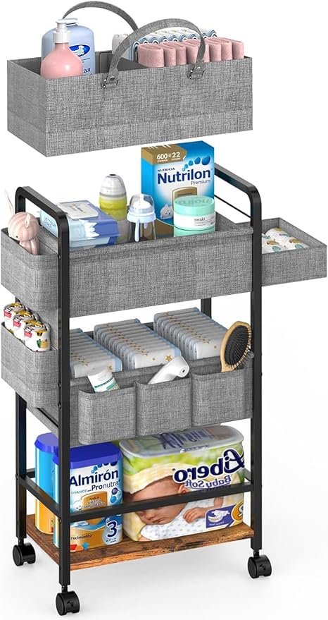 LIDTOP 2In1 Baby Diaper Caddy & 4-Tier Rolling Diaper Cart, Diaper Caddy Organizer Cart with Dividers & Drawer, Mobile Metal Bedside Cart for Nursery Essentials Storage, Large Capacity by LIDTOP