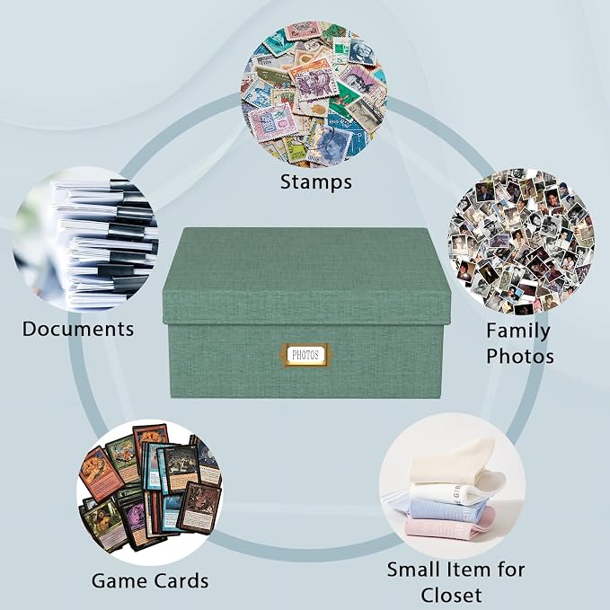 Decorative Photo Storage Box, 2 Pack Linen Photo Box Hold 1700 4x6 Pictures | Photo Storage Containers with 8 Dividers, Memory Keepsake Organizer for Photos, Scrapbook Supplies, Cards, Stamps, Green - Image 4