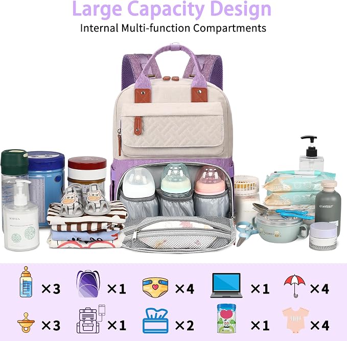 Diaper Bag Backpack, Large Unisex Baby Bags for Boys Girls, Purple Baby Nappy Diaper Bag, Multipurpose Travel Back Pack for Moms Dads with Insulated Pockets and Stroller Straps - Image 3
