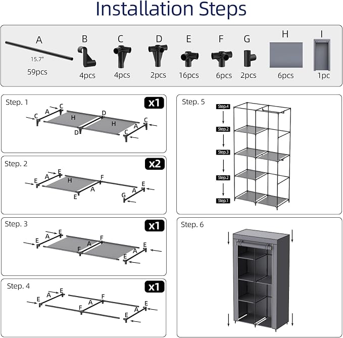 Gray Cover Portable Closet with 6 Shelves & 2 Hanging Rods | Wardrobe closet easy to assemble. Good storage functionality for basic needs. 34.6"×17.7"×66.1". Bedroom, dorm, apartment. - Image 7