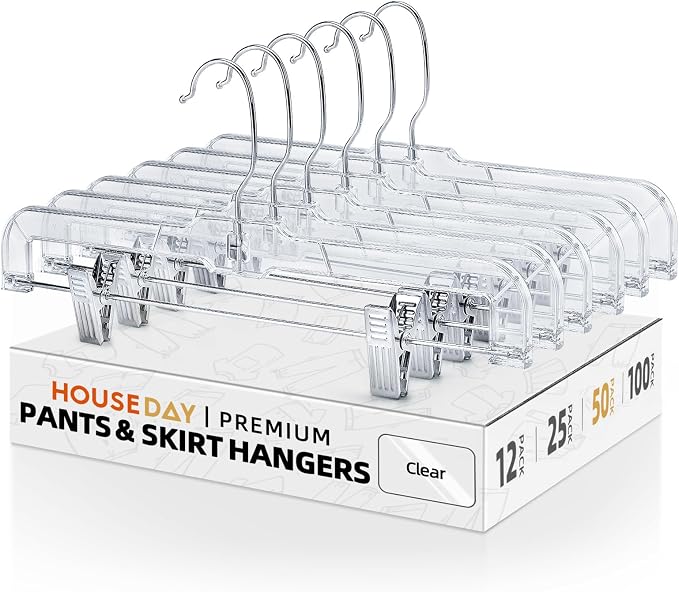 HOUSE DAY 50 Pack Clear Skirt Hangers with Clips, 14'' Clip Hangers | Bulk Plastic Pants Hangers with Adjustable Clips for Closets, Boutiques, Laundry Rooms, Resale and Retail Displays by HOUSEDAY