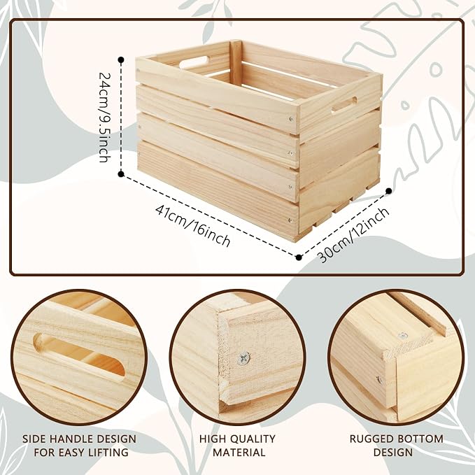 1 Pack Large Wooden Storage Crates 16 x 12 x 9.5 Inches Unfinished Wood Farmhouse Milk-Style Crates with Handles Unassembled Decorative Boxes for Home Office DIY Crafts (Natural Wood (1)) - Image 2