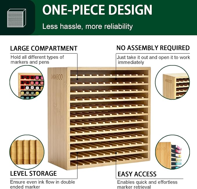 MinBoo Marker Organizer for 144 Markers, Bamboo Art Supply Storage Organizer Rack, Art Markers Pens Colored Pencils Paint Brushes Stationary Organizer Holder for Home Classroom Office Desk Decor - Image 3