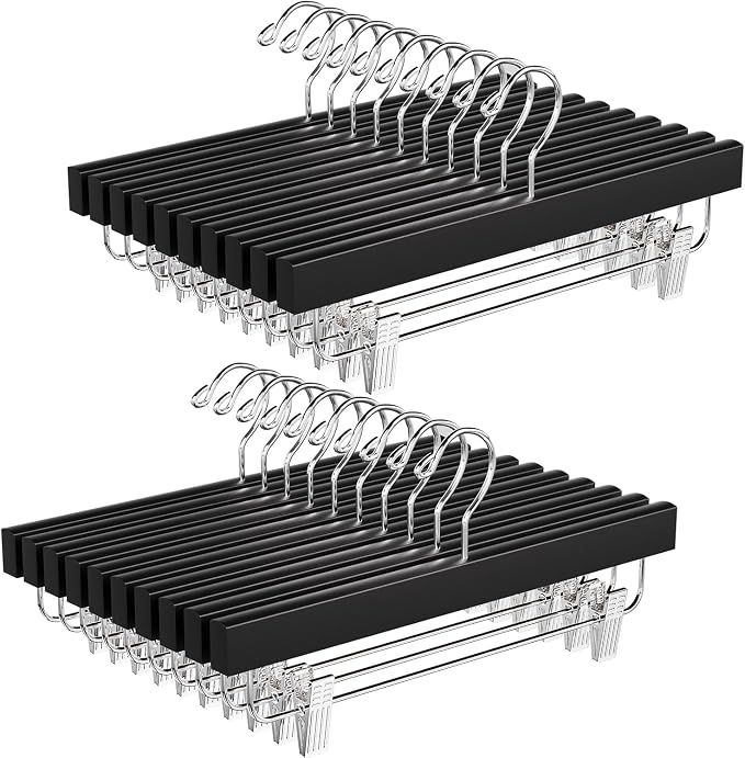BAGAIL 20 Pack Wooden Pants Hangers with Adjustable Clips, 360°Swivel Hook Space Saving Skirt Holders with Anti-Rust Clips for Trousers, Jeans, Shorts (Black) by BAGAIL