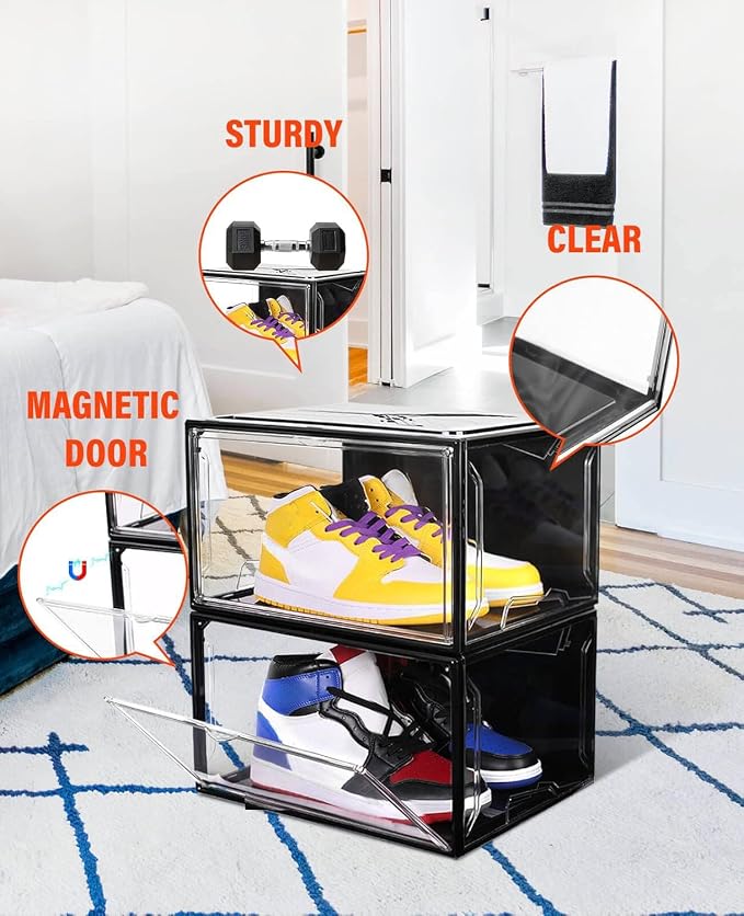 KDOR Shoe Boxes Black Plastic Stackable 10 Pack Sneaker Storage Boxes with Magnetic Door, Acrylic Display Case, Strong and Sturdy Fit Shoe Size Up to US 15（Side 10 PACK BLACK） - Image 3