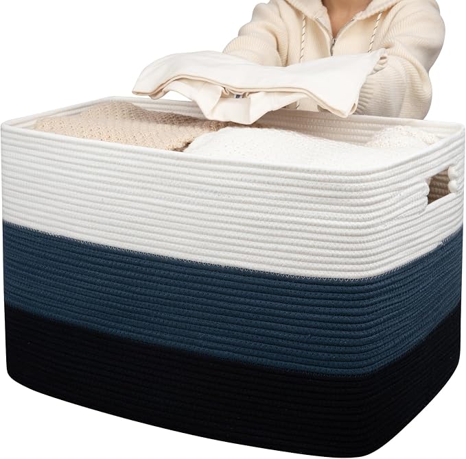 OIAHOMY 118L Extra Large Blanket Basket, Rectangle Woven Cotton Rope Storage Basket,Used for storing Dirty Clothes, Stuffed Animal Toy Storage for Living Room,Kids Room,25" x 17" x 16", Gradient Blue by MasterofSpaceOptimization