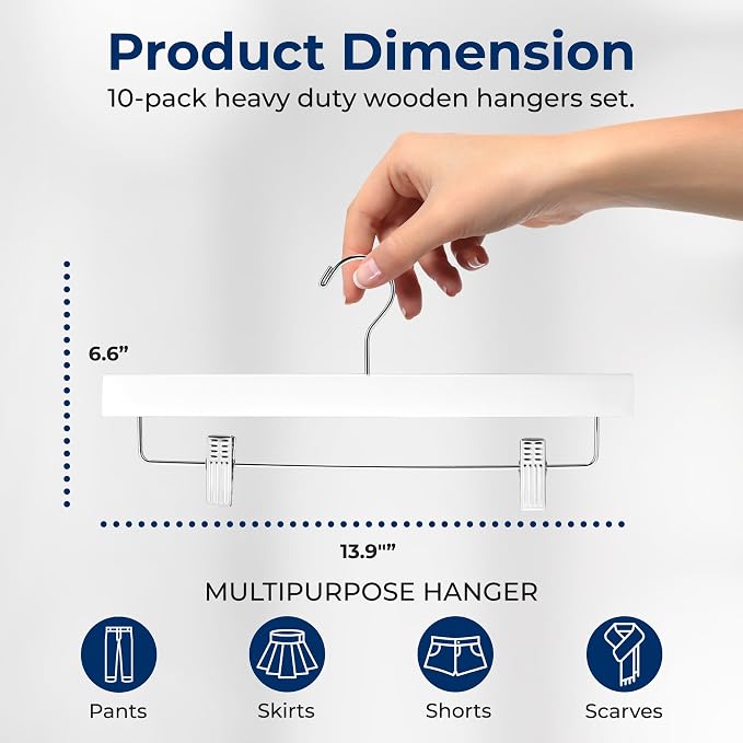SereneLife Premium Wooden Pants Hangers 10 Pack, Solid 14" Wood Skirt Hangers with 2-Adjustable Clips, Heavy Duty & Anti Slip Wood Bottom Hanger for Slacks, Jeans, Trousers, Shorts (White) - Image 7
