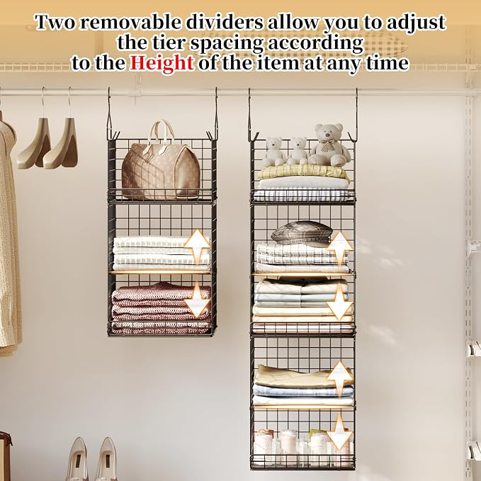 Yuyetuyo 5 Tier Closet Hanging Organizer and Storage Separable Hanging Closet Shelves with 4 Hooks 2 Adjustable Dividers, Wire Storage Basket Bins for Clothing Sweaters Socks Dolls Handbags, Foldable - Image 4