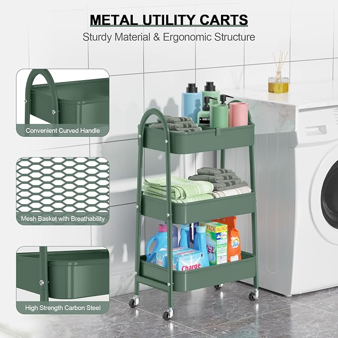 3 Tier Utility Rolling Cart, Metal Storage Cart with Handle and Lockable Wheels, Multifunctional Storage Organizer Trolley with Mesh Baskets for Kitchen, Living Room, Office, Garage (Jungle) - Image 2