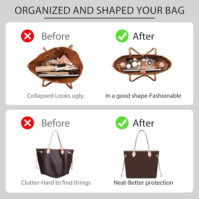 Tote Bag Organizer Insert with Laptop Sleeve for Lv Neverfull MM | Nylon Neverfull MM Organizer, 6 Compartments Storage, Zipper Pocket, Bottle Holder, Fits 13 Inch Laptop, Bag Protector, Brown - Image 4