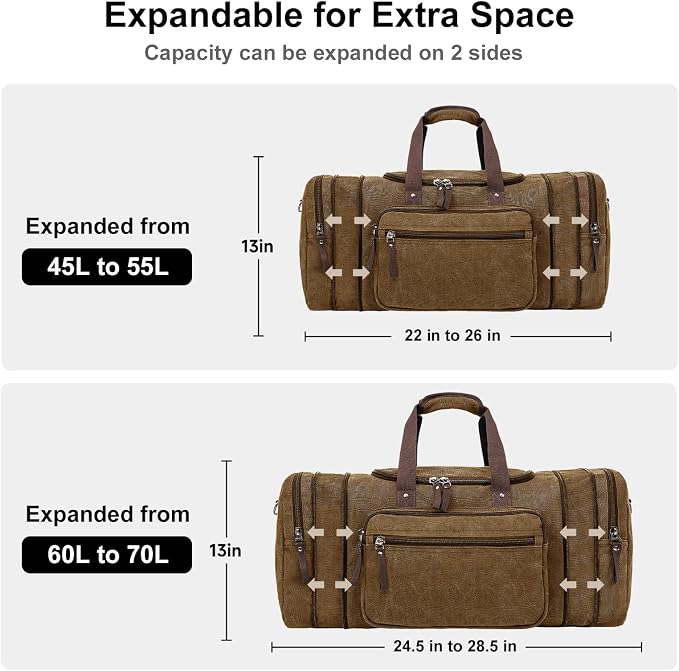 EKOROMIER Large Canvas Duffle Bag for Travel, Expandable 70L Weekender bags | Features Luggage Trolley Sleeve, Multi-Pockets for Traveling, Durable Overnight Carry-On Bag for Men & Women - Coffee - Image 4