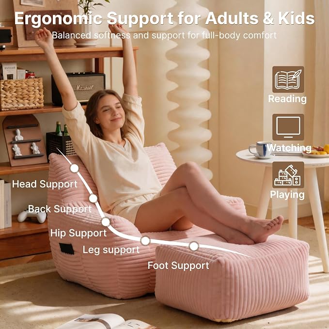 Oversized Bean Bag Chair with Ottoman, Bean Bag Couch with 2 Side Pockets, Corduroy Boneless Couch Chair in a Box, Comfy Lounge Chair for Living Room, Bedroom, Dorm, Pink - Image 5
