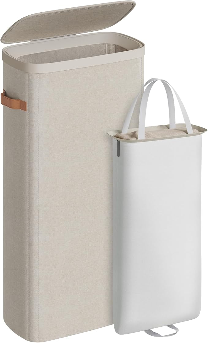 SONGMICS Laundry Basket, 17.2 Gal. Laundry Hamper, Easy Assembly, with Lid and Handles, Removable Liner, 15.4 x 8.7 x 29.5 Inches, Cappuccino Beige ULCB810LH01 by Unknown