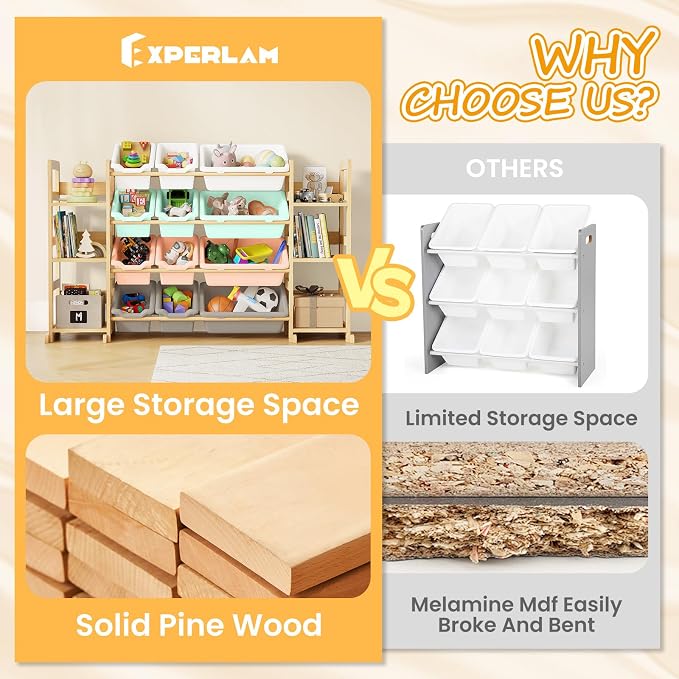 EXPERLAM Extra Large Toy Storage - Toy Storage Organizer, Wooden Toy Organizer with 6 Side Shelves and 12 Bins, 3-in-1 Bookshelf for Kids Rooms, Playroom, Nursery, Multi Color - Image 6