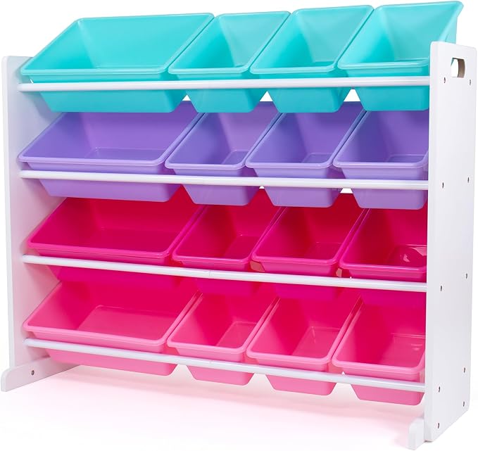 Humble Crew Kids Toy Organizer with 16 Bins, 4 Tier Storage for Playroom | Sturdy wood and steel toddler shelf, removable BPA-free containers, wall anchor anti-tip safety kit for bedroom or classroom by HumbleCrew