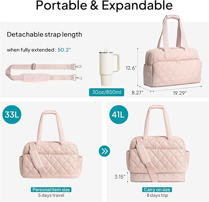 TOPEAST Duffel Bag for Women Travel, Expandable Quilted Weekender Overnight Duffle Bag with Adjustable Strap, Lightweight 33L Personal Item Bag Hospital Bags for Labor and Delivery, Pink - Image 3