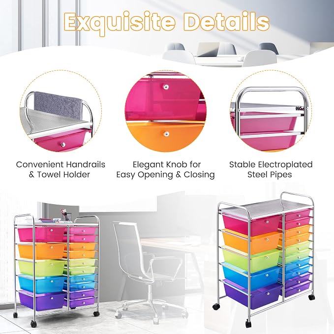 DREAMADE Rolling Cart with 15 Drawers, Utility Cart with Removable Storage Drawers, Lockable Wheels, Art Cart for Home Office Living Room Art Supplies Crafts (Rainbow, 25"L x 14.5"W x 34.5"H) - Image 7