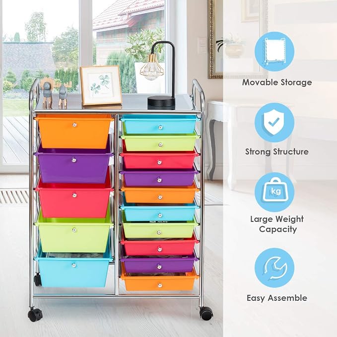 RELAX4LIFE 15 Drawer Rolling Storage Cart, Mobile Drawer Carts for Craft Art Supply Paper Salon, Utility Cart on Wheels for Classroom Teacher School Office, Rolling Cart with Drawers (Multi-Color) - Image 4
